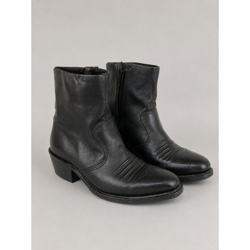 Vtg Double-H Ankle Boots Mens 9.5 Black Leather USA Made Western Biker Cowboy